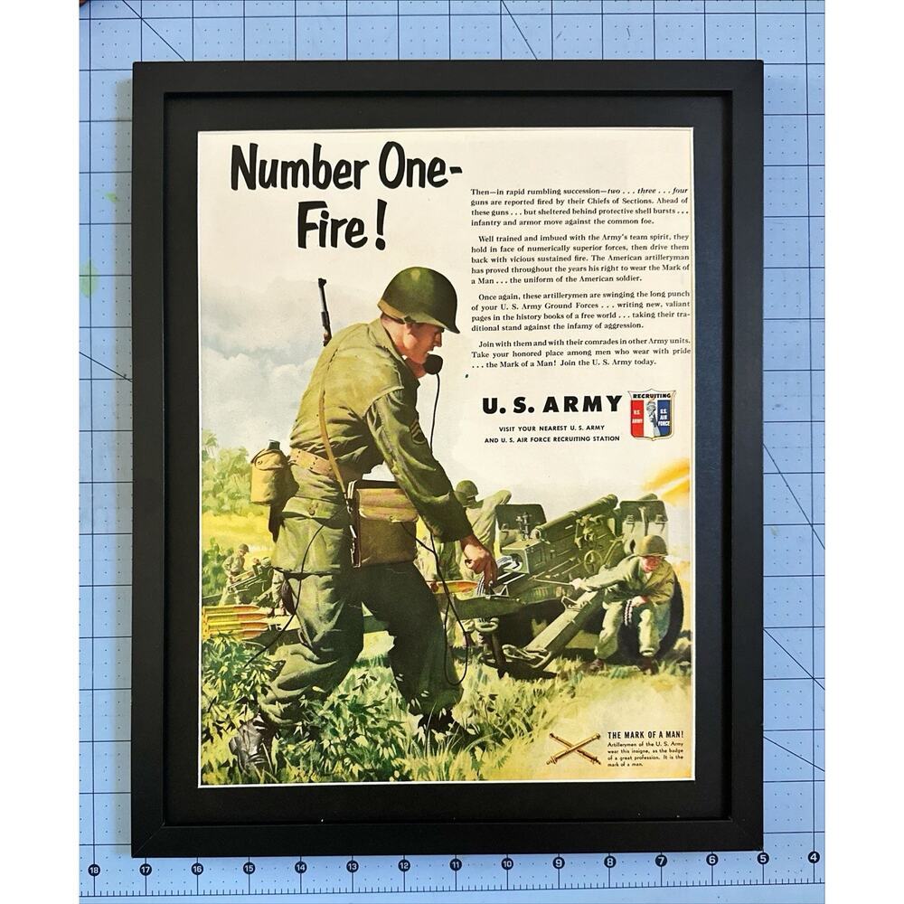 Framed Magazine Ad 1951 U.S. Army Recruiting Number One - Fire!